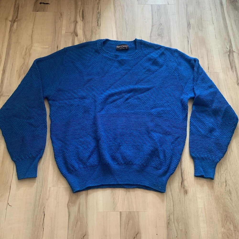 Reed St James Vintage 80s Blue Crewneck Sweater Mens XL Made in USA Knitwear